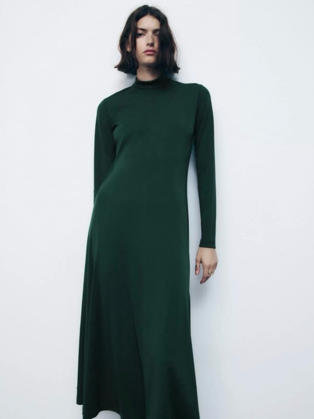 Zara Dark Forest Knit Green Maxi Dress High Neck Dress Size L Short Sleeve